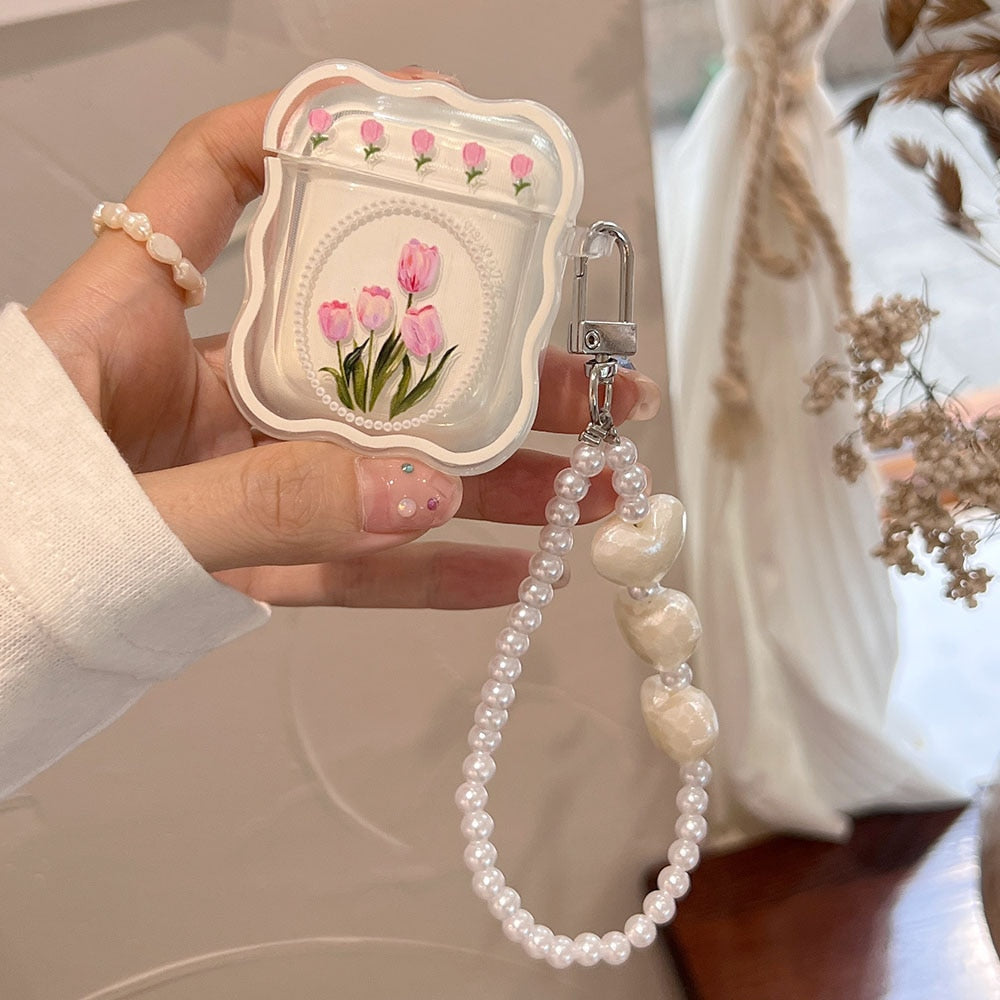 Retro Tulip Flowers Case for AirPods 1 2 Pro 3 Cases for AirPod 1 2 Pearl Bracelet Headset Charging Box Soft Protective Cover - luckacco