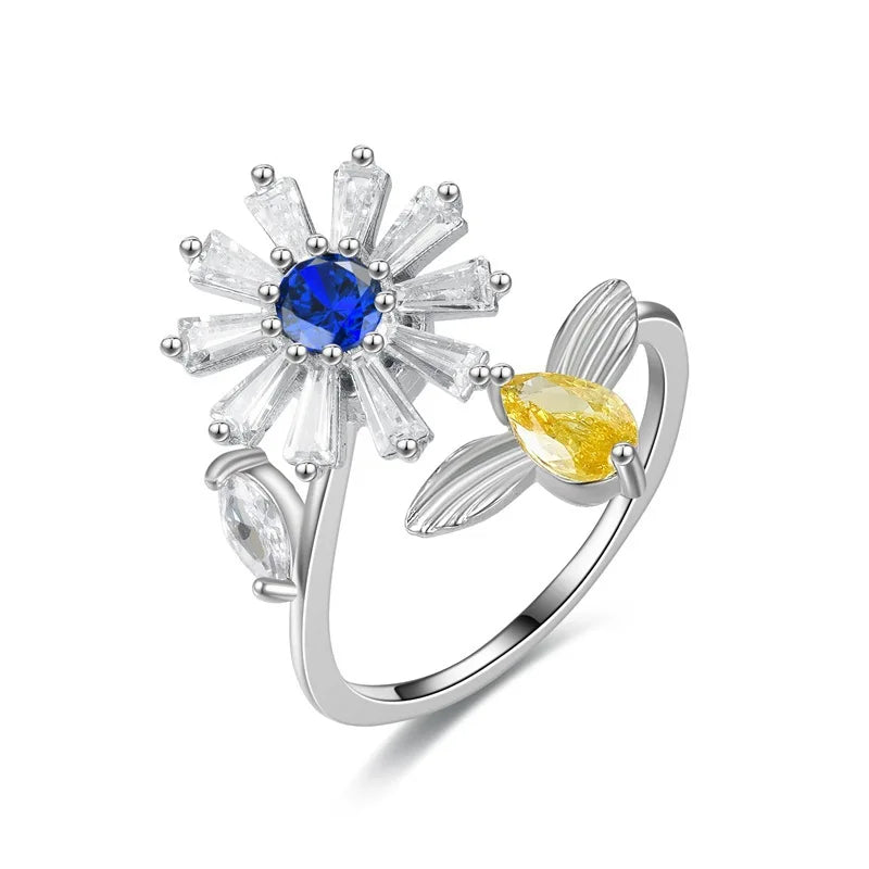 luckacco titanium stainless steel ring for women rotate rotating anxiety fidget adjustable rings silver color jewelry lovely flower bee