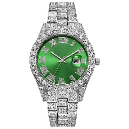 Luckacco Personalized Hip Hop Watch with Shiny Rhinestones for Men, Luxury Clock, Band Length, Iced Steel Belt, 40mm Diameter Glass Dial