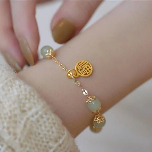 Luckacco Fu Character Lucky Hetian Jade Antique Bracelet Creative All-Match Auspicious Cute Female Temperamental Fashion Gifts Femme
