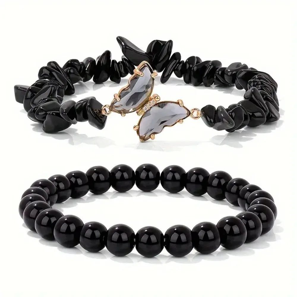 luckacco 2pc set romantic amethyst obsidian quartz beaded butterfly bracelet women stretch bangles positive energy daily commute