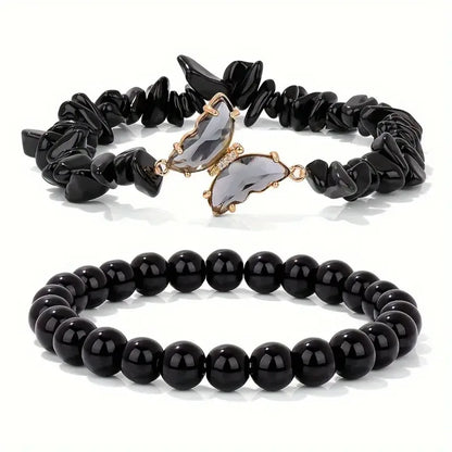 Luckacco 2pc Set Romantic Amethyst Obsidian Quartz Beaded Butterfly Bracelet Women Stretch Bangles Positive Energy Daily Commute