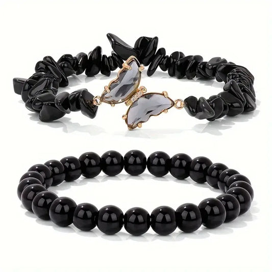 Luckacco 2pc Set Romantic Amethyst Obsidian Quartz Beaded Butterfly Bracelet Women Stretch Bangles Positive Energy Daily Commute