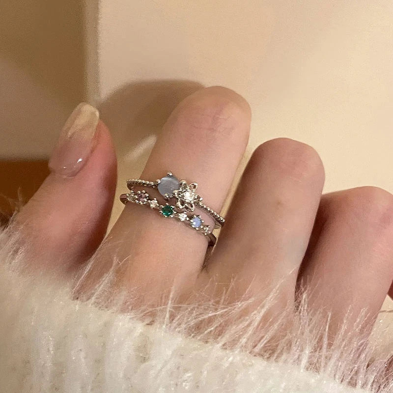 luckacco 2024 fashion jewelry crystal rings heart adjustable ring irregular geometry punk vintage rings set for women girls