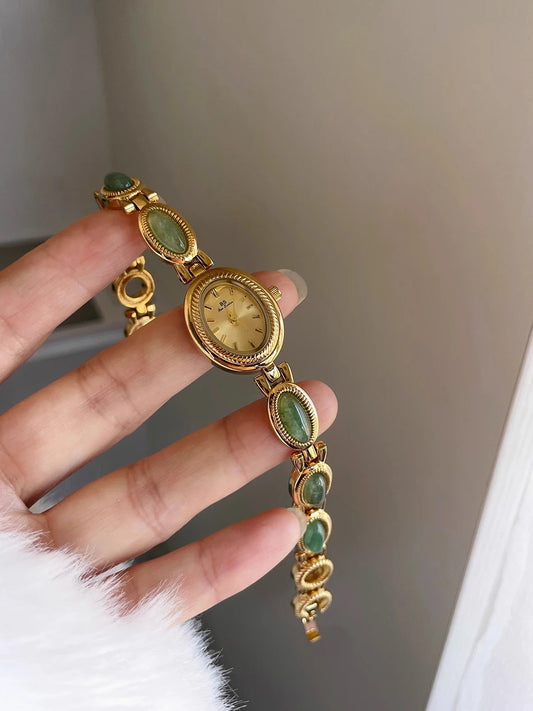 Luckacco Natural Jade Bracelet Watch Gift Women,Ladies Watches Luxury High Quality Gold Quartz Watches, Elegant Women's Wristwatches