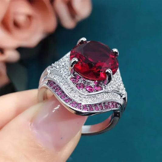 Luckacco 2025 New Red Corundum Ring for Women, European and American Style, Large Zircon, Light Luxury Fashion Party Jewelry Accessories