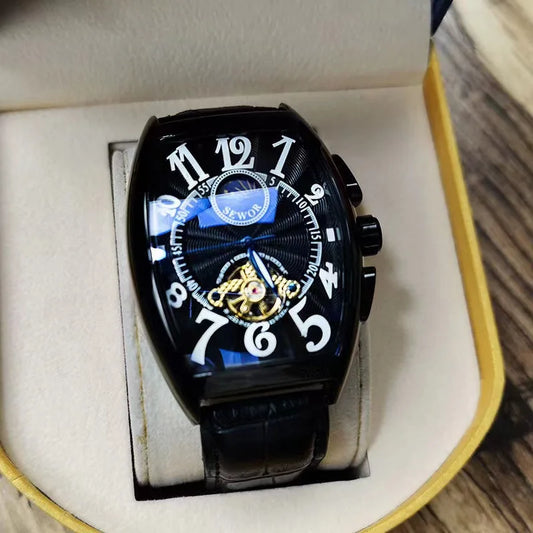 Luckacco Luxury Automatic Mechanical Watch for Men Sports Watches Tourbillon Skeleton Military Male Clock Cool Tonneau Man Wristwatch