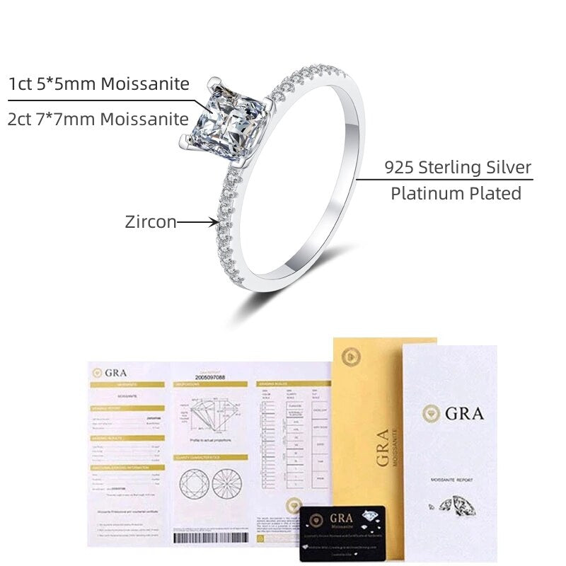 Real 1ct 2ct Princess Square Moissanite Rings For Women Sparkling Diamond Engagement Wedding Band S925 Silver Plated Pt950 GRA - luckacco