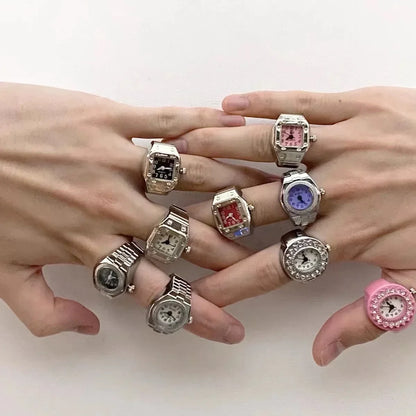 Luckacco Couple Finger Watch Ring Vintage Punk Elastic Alloy Band Men Women Jewelry Clock Roman Numerals Dial 28Style Mini Quartz Watches
