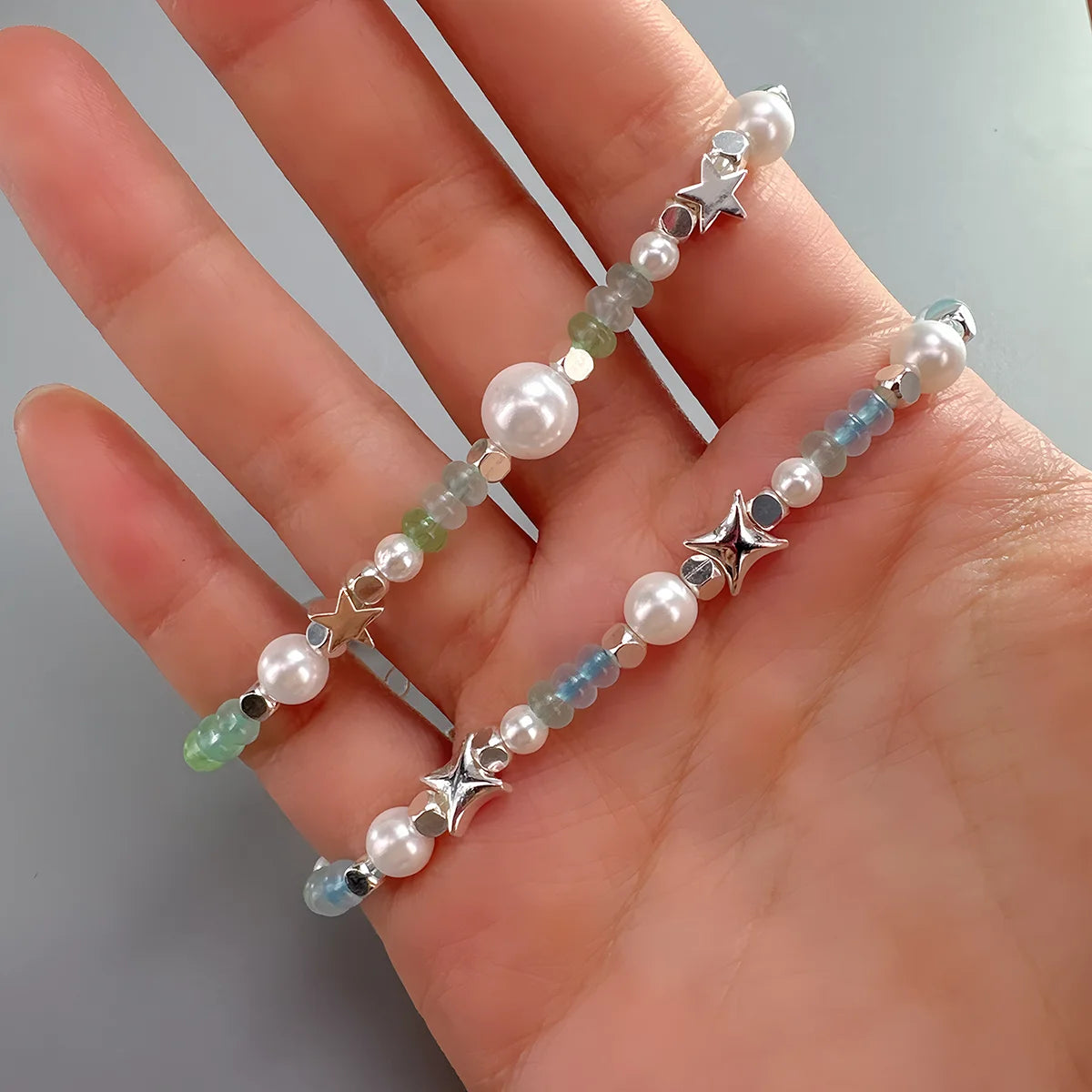 luckacco ventfille 925 sterling silver 6mm shell pearl glass bead star bracelet for women gift crushed silver jewelry