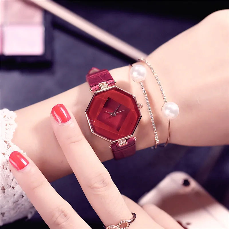 Luxury Women Watches Gem Cut Geometry Crystal Leather Quartz Wristwatch Fashion Dress Watch Ladies Gifts Clock Relogio Feminino -  - Luckacco Jewelry and Watch Store
