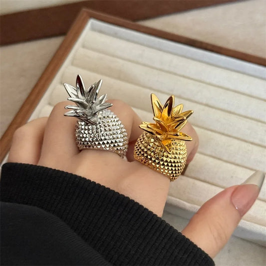 Luckacco New Summer Retro Metal Fruit Pineapple Gold Silver Colour Wide Ring Vintage Women Girl Jewelry Accessories Gift 2025