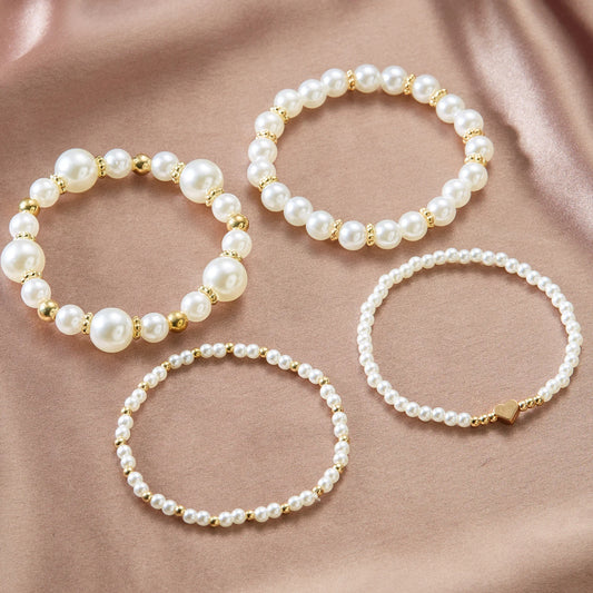 Luckacco Boho Imitation Pearl Beaded Metal Beads Bracelet for Women Vintage Handmade Woven Adjustable Chain Bowknot Heart Jewelry Gifts