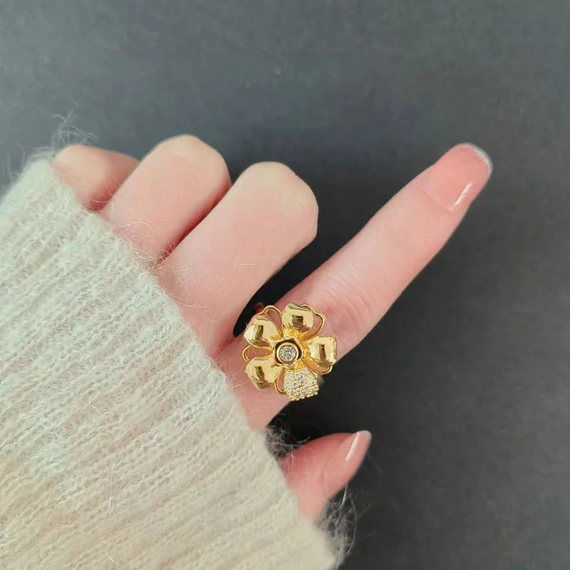 luckacco fashion fidget spinner ring anxiety for women multiple crystal sunflower finger rings rotate anti stress jewelry wedding gift