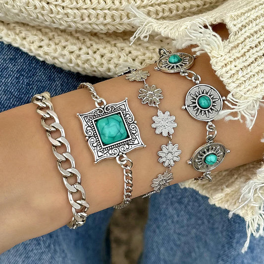 Luckacco KMVEXO 5Pcs/Set Vintage Bohemian Turquoise Inlaid Bracelets Women Ethnic Style Flower Feather Cuff Bracelet Bangles Boho Jewelry