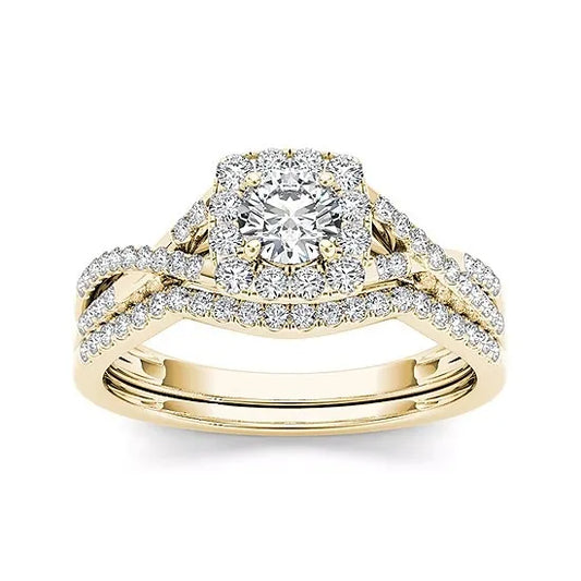 Luckacco Charm Square Round Gold Color White Stone Rings Set Fashion Metal Party Rings for Women Jewelry