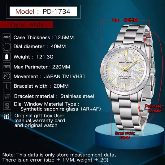 Luckacco PAGANI DESIGN 40MM Meteorite dial Men Quartz Watches Luxury Business Sapphire 316L Stainless Steel 100M Waterproof Watch For Men