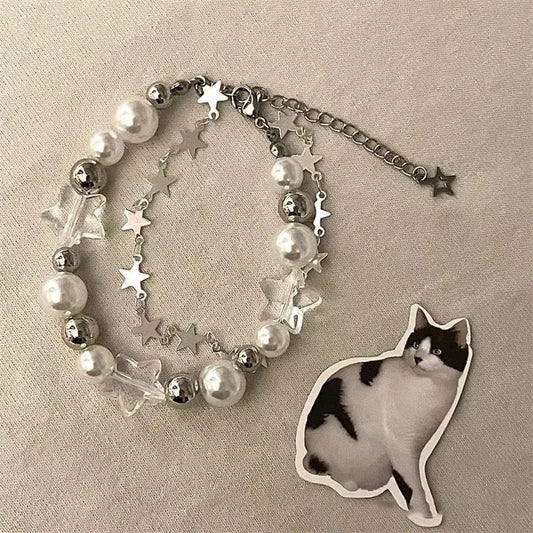 Luckacco Star Pentagram Pearl Beaded Bracelet for Women Harajuku Crystal Vintage Aesthetic Charm Double Layer Chain Bracelet Jewelry Gift