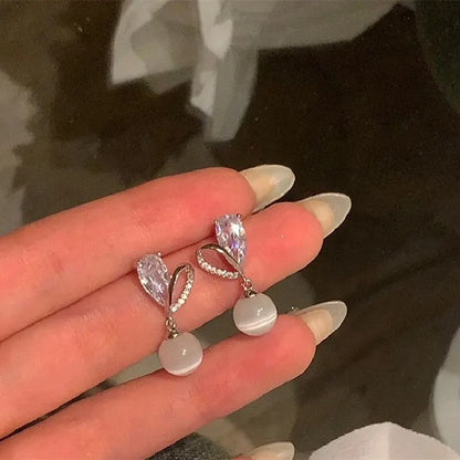 Luckacco 1 Pair Of Light Luxury Cool Wind Gold Plated Alloy Opal Combination Love Imitation Pearls Glass Diamond Earrings
