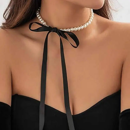 Luckacco Exquisite Imitation Pearl Choker Necklace Fashionable Bow Tie Lace Up Velalvet Necklace Personality Simple Jewelry For Woman