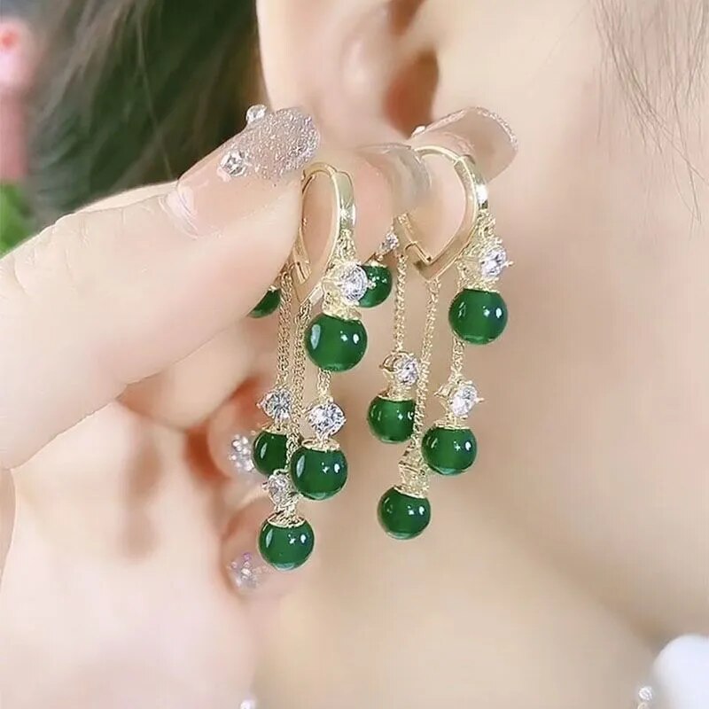 Accessories for Women Emerald Cat Eye Stone Tassel Earrings for Women Wedding Party Anniversary Gift Jewelry Pendientes Mujer