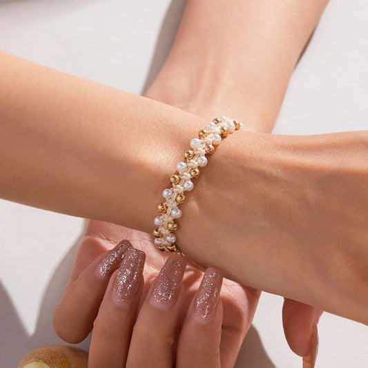 Luckacco Boho Imitation Pearl Beaded Metal Beads Bracelet for Women Vintage Handmade Woven Adjustable Chain Bowknot Heart Jewelry Gifts