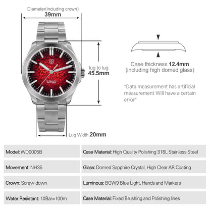 Luckacco Watchdives WD0005B ice Crack Dial Watch NH35 Automatic Movement Domed Sapphire Crystal BGW9 Luminous 100m Waterproof 39mm Vinta