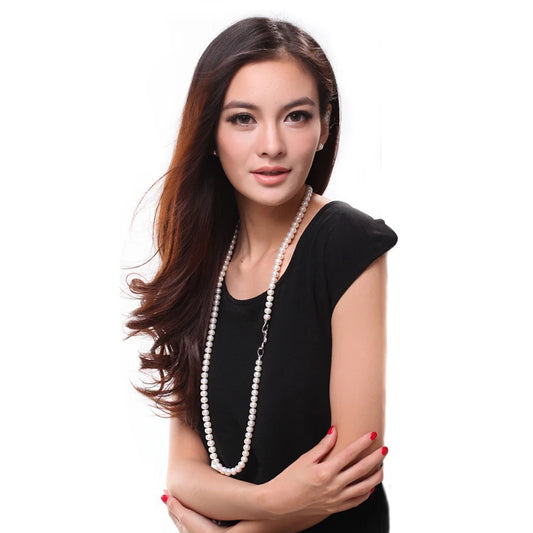 Luckacco Natural Fresh Water Pearl Pearl Necklace Long For Girls,Bridal Cultured White Pearl Necklace Virgin Wife Mother Birthday Gifts