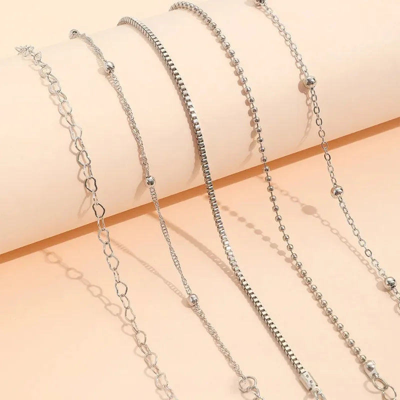 luckacco 5pcs elegant alloy bead bracelet set multilayer retro multi-layer chain simple bracelet trendy box chain simple fashion bracelet