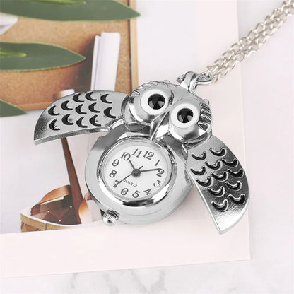 Luckacco Tiny Cute Owl Shaped Pendant Necklace Pocket Watch for Kid Men Women Retro Quartz Pocket Clock Gifts Arabic Numerals Dial