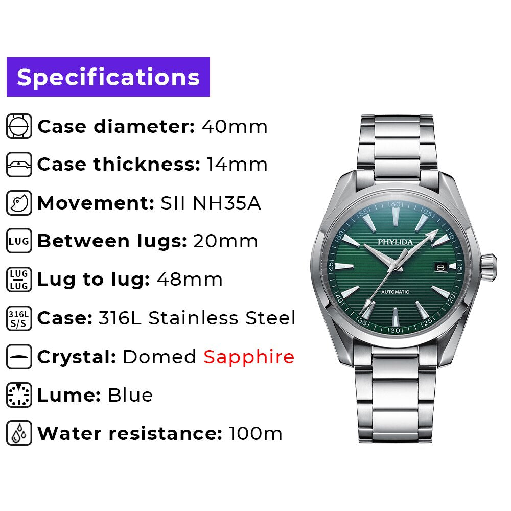 PHYLIDA New Aqua Automatic Watch Solid SS Sapphire Crystal NH35A Mechanical Wristwatch 100WR Diver - luckacco
