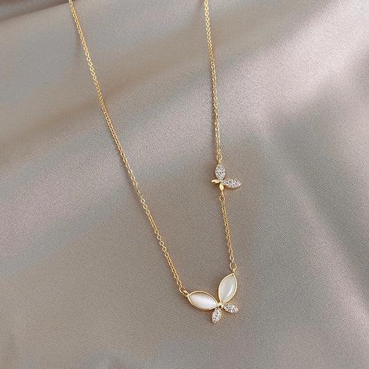 Luckacco Stainless Steel Luxury Gold Color Opal Butterfly Pendant Necklace for Women Exquisite Zircon Chokers Bride Jewelry Colorfast