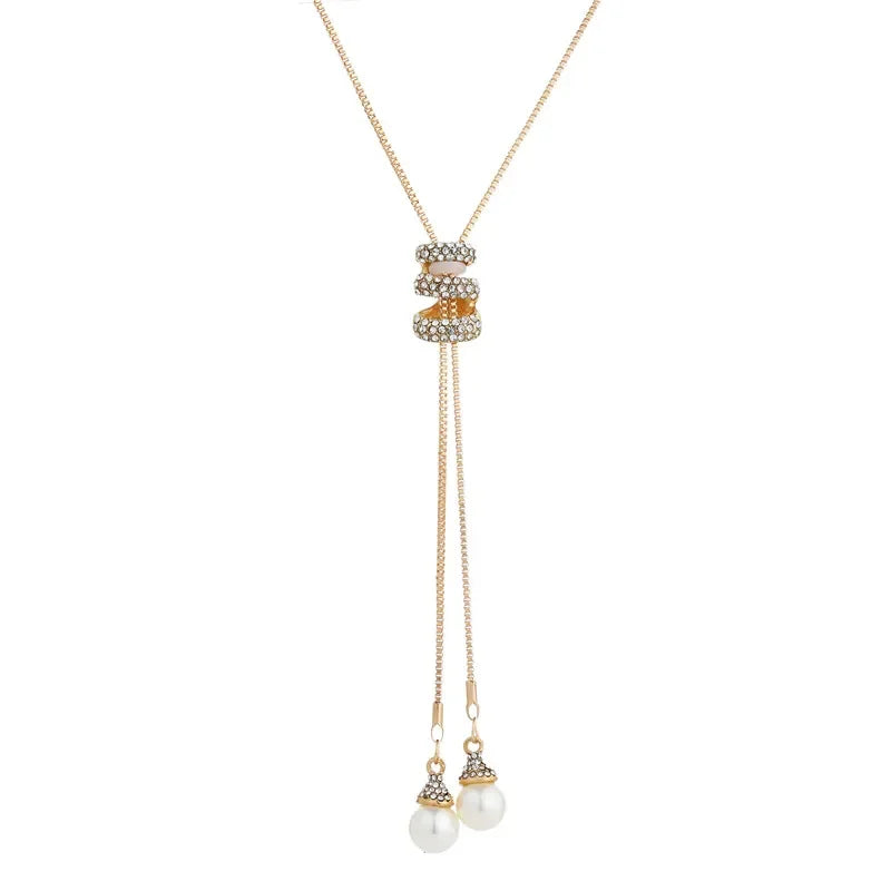 luckacco 2024 new high quality fashion metal long tassel rhinestone crystal pearl long chain necklace sweater patry necklace jewelry