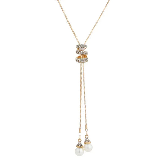 Luckacco 2024 NEW High Quality Fashion Metal Long Tassel Rhinestone Crystal Pearl Long Chain Necklace Sweater Patry Necklace Jewelry