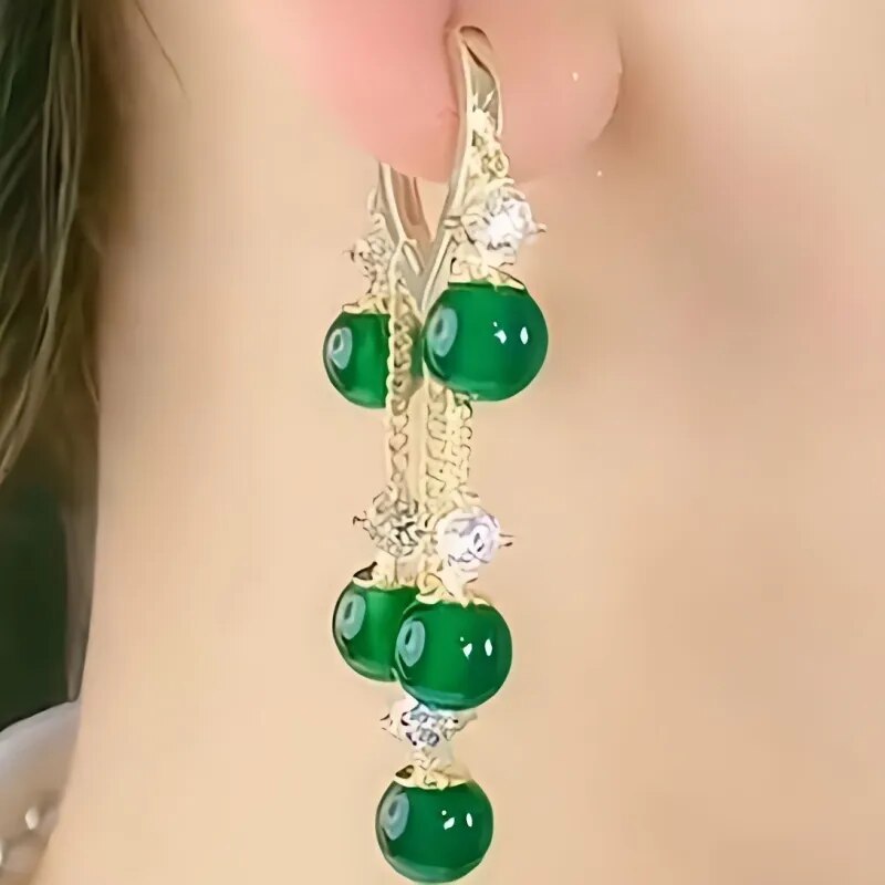 Accessories for Women Emerald Cat Eye Stone Tassel Earrings for Women Wedding Party Anniversary Gift Jewelry Pendientes Mujer