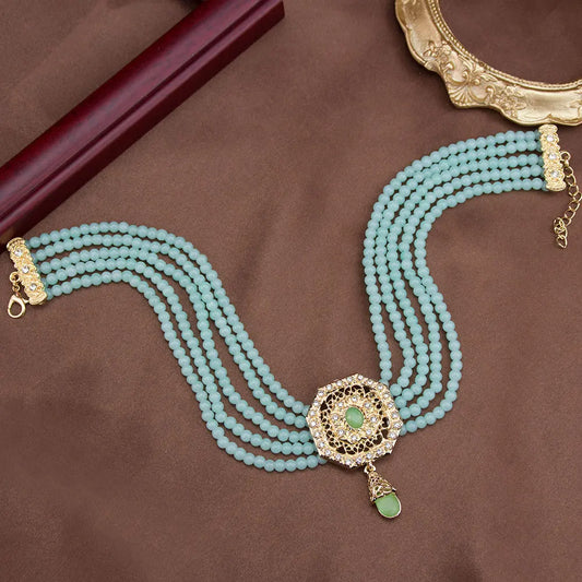Luckacco Sunspicems Chic Morocco Jewelry Bead Chain Choker Necklace For Women Gold Color Square Mesh Pendnat Arabic Bridal Wedding Bijoux