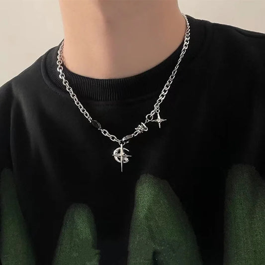 Luckacco Gothic Vintage Y2K Red Glass Heart Star Cross Pendant Pearl Bead Necklace For Women Men Aesthetic 90s Grunge Accessories Jewelry