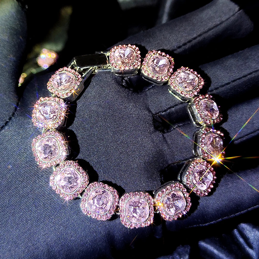 luckacco iced out pink cuban bracelet for women hip hop gold silver color crystal heart circle square bracelet 4pcs set jewelry gift