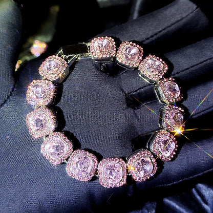 Luckacco Iced Out Pink Cuban Bracelet for Women Hip Hop Gold Silver Color Crystal Heart Circle Square Bracelet 4Pcs Set Jewelry Gift
