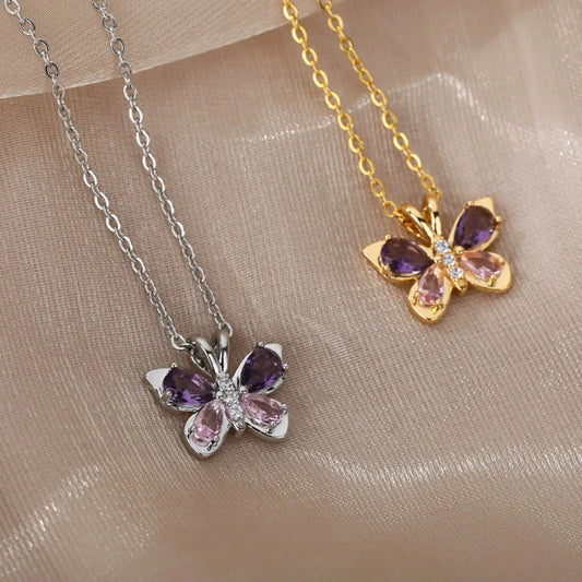 Luckacco Cute Butterfly Necklace For Women Stainless Steel Crystal Purple Zircon Aesthetic Necklaces Charms Collar Choker Party Jewelry
