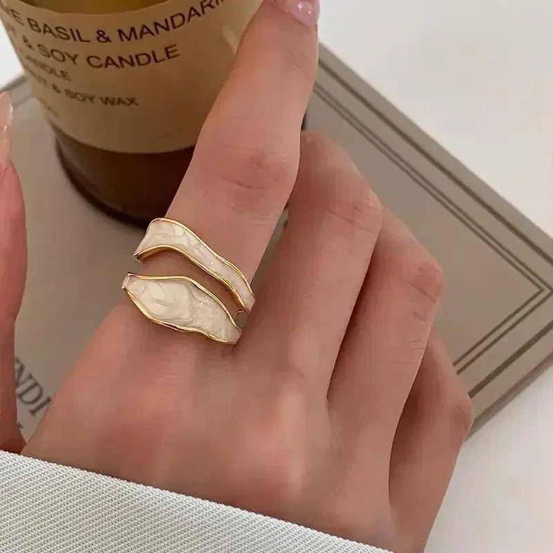 luckacco retro gold color double oil drip open rings for women luxury irregular adjustable finger ring 2025 new trendy wedding jewelry