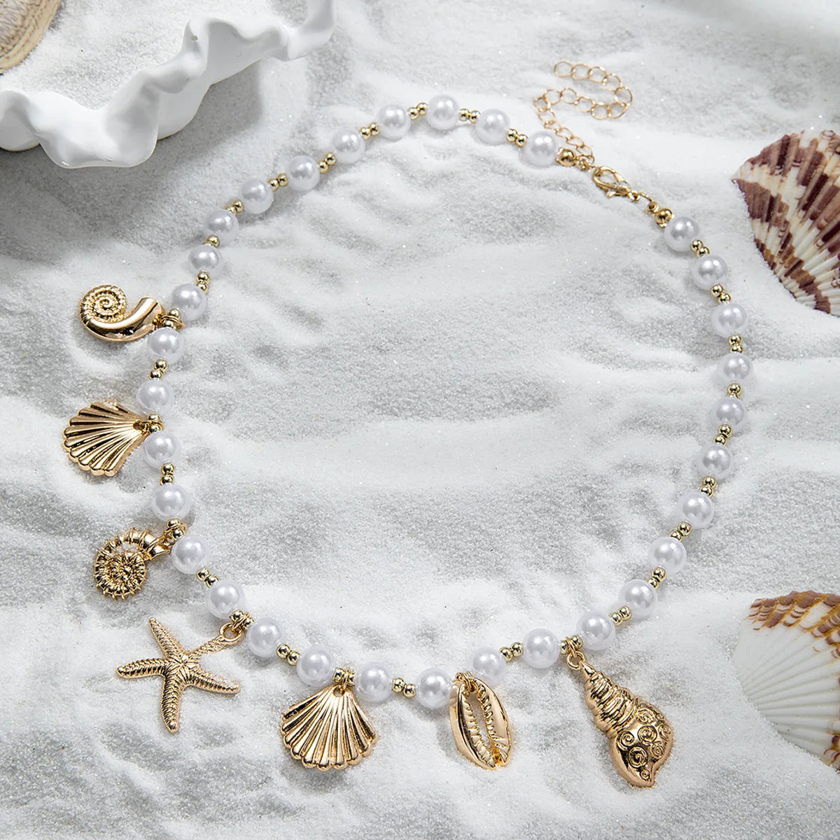 luckacco bohemia conch starfish imitation pearl necklace for women luxury exquisite beaded shell pendant necklace beach holiday jewelry