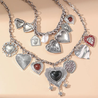 Luckacco Fashion Punk Metal Heart Pendant Necklaces for Women Vintage Double Layered Choker Chain Necklaces Luxury Party Jewelry Gifts