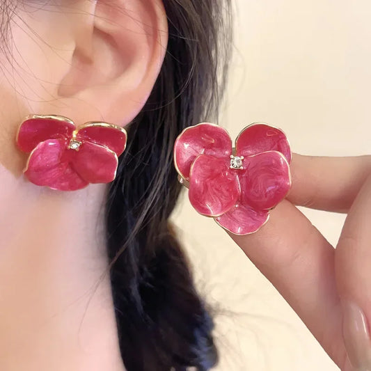 Luckacco Retro Big Flower Stud Earrings Red Blue Enamel Oil Petal Rhinestones Earrings for Women Wedding Party Cute Elegant Jewelry Gift