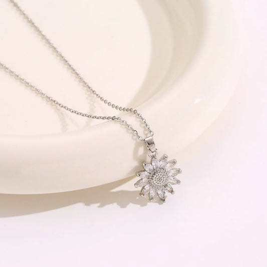 Luckacco Classic Sunflower Cubic Zirconia Pendant Necklaces For Women Gold Color Alloy Rotate Necklace Daily Jewelry