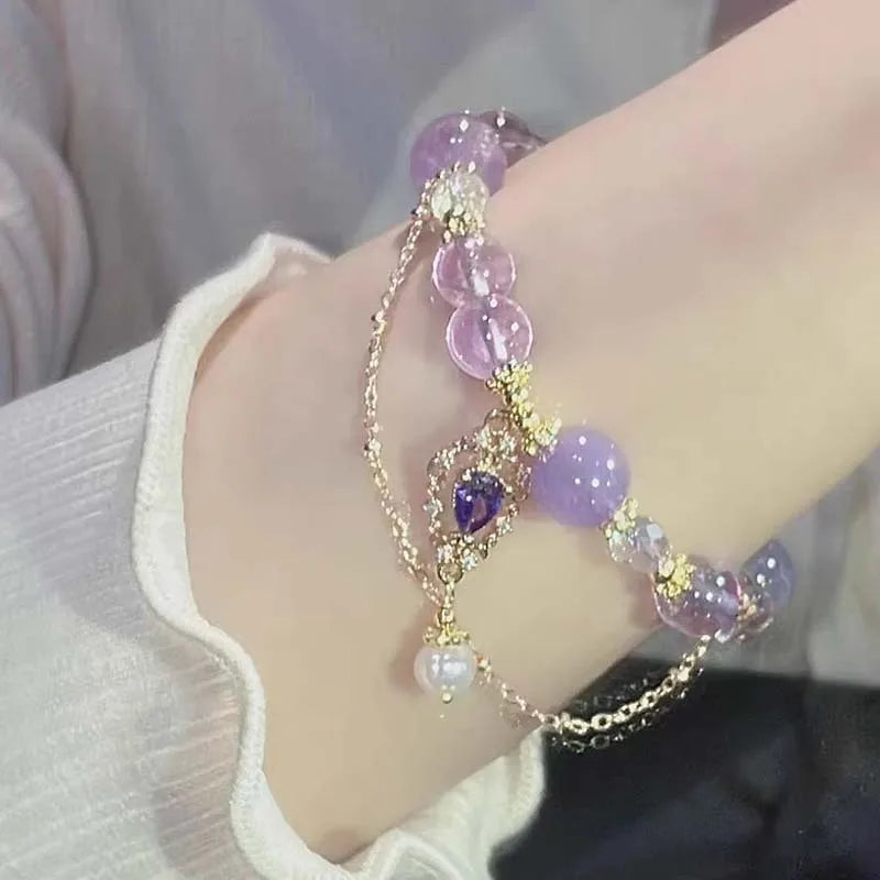 luckacco light luxury purple glass crystal beaded bracelets for women chic butterfly tassel pendant bracelets sweet girl wrist jewelry