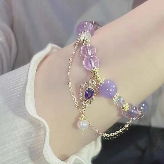 Luckacco Light Luxury Purple Glass Crystal Beaded Bracelets for Women Chic Butterfly Tassel Pendant Bracelets Sweet Girl Wrist Jewelry