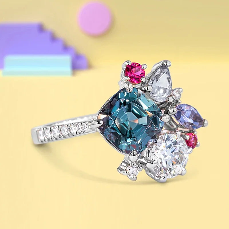 luckacco geometric colored cubic zirconia rings for women luxury bridal wedding band accessories fashion design statement jewelry