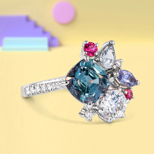Luckacco Geometric Colored Cubic Zirconia Rings for Women Luxury Bridal Wedding Band Accessories Fashion Design Statement Jewelry