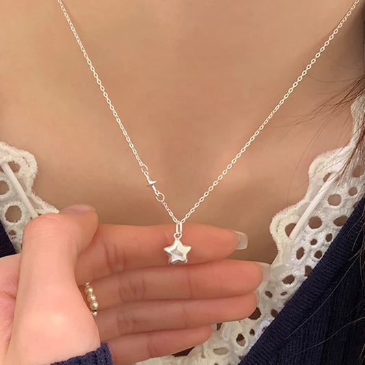 Luckacco New 925 Sterling Silver Star Shape Necklace Simple Charm Personality Woman Pendant Choker Birthday Gift Exquisite Jewelry